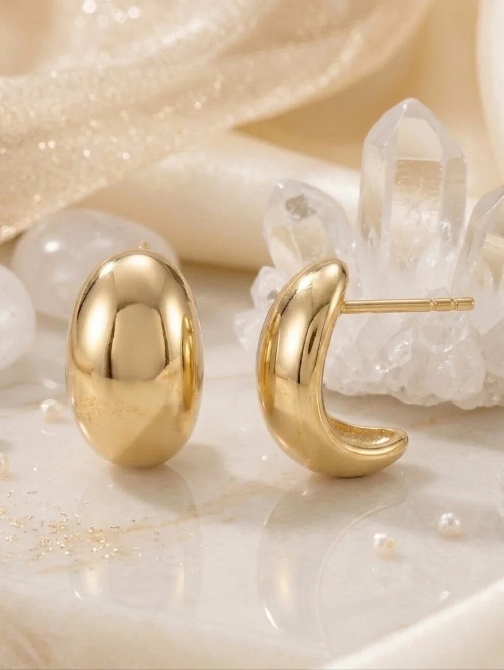 18K Yellow Gold Plated Dome Stud Earrings SS Old Money Minimalist Classic 0.43
